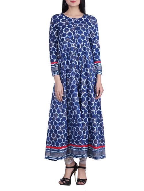 blue cotton printed flared kurta - 13768658 - Very Small Image - 1