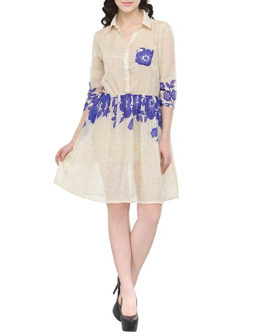 beige printed georgette fit and flare dress - 13769583 - Very Small Image - 1
