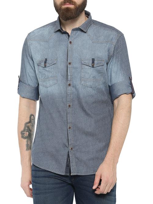 navy blue denim casual shirt - 13773065 - Very Small Image - 1