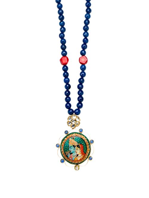 blue agate beads accent an unusual hand painted radha krishan pendant - 13773961 - Very Small Image - 1