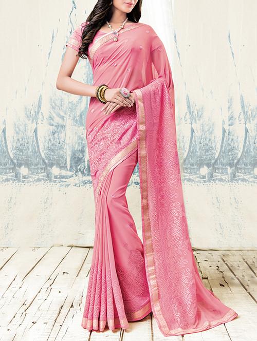 pink georgette embroidered saree with blouse - 13778299 - Very Small Image - 1