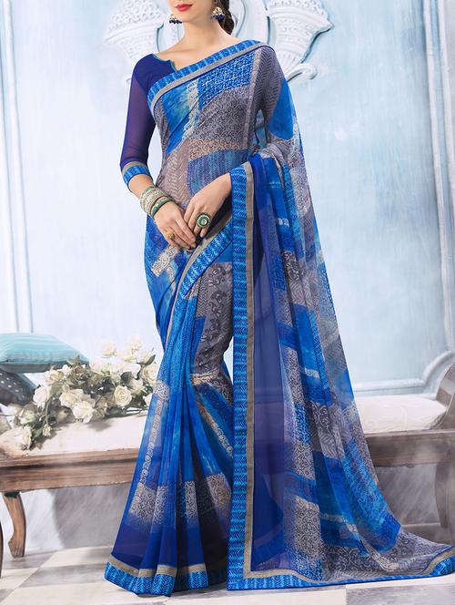 blue & grey georgette printed saree with blouse - 13778423 - Very Small Image - 1