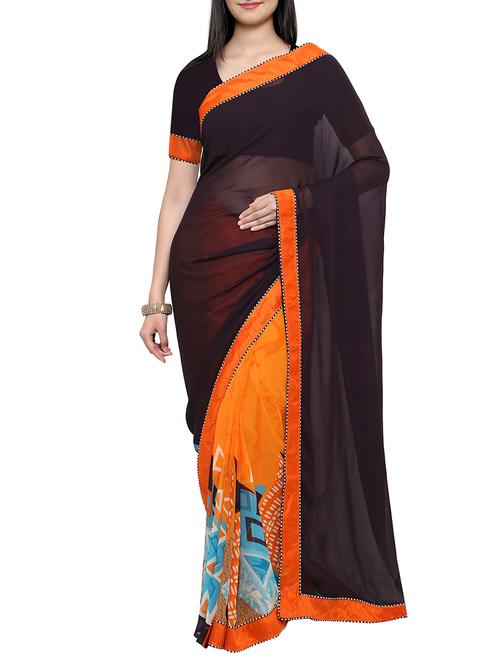 black & orange georgette printed half & half saree with blouse - 13788494 - Very Small Image - 1