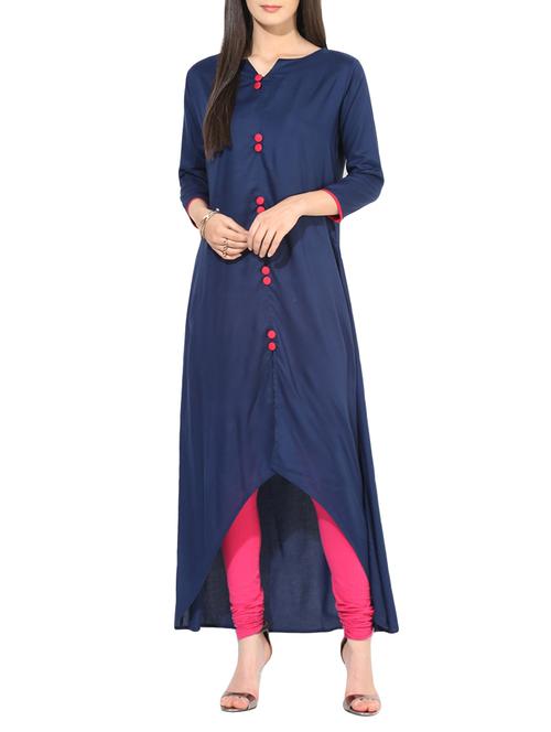blue rayon solid high-low kurta - 13789094 - Very Small Image - 1