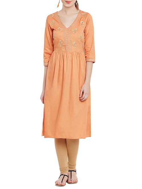 orange cotton flared kurta - 13795789 - Very Small Image - 1