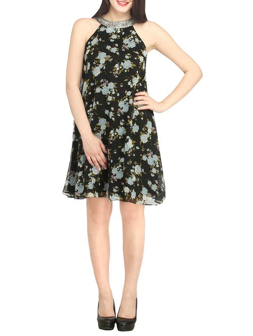 black floral printed poly georgette dress - 13795992 - Very Small Image - 1