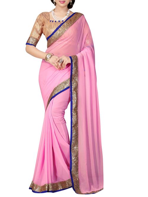 pink georgette bordered saree with blouse - 13801867 - Very Small Image - 1