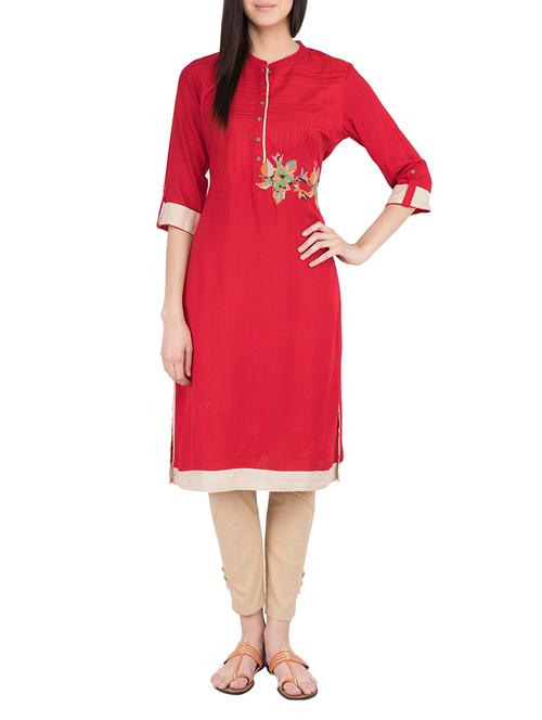 red rayon embroidered straight kurta - 13803728 - Very Small Image - 1