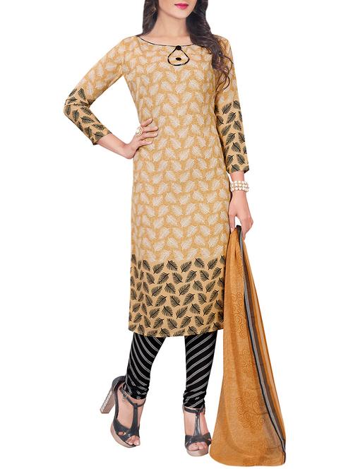 beige crepe printed churidaar suits dress material - 13807619 - Very Small Image - 1