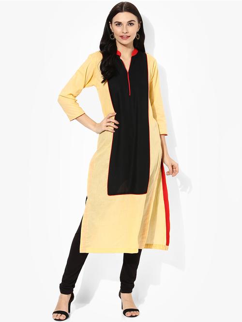 yellow & black cotton color block straight kurta - 13807633 - Very Small Image - 1