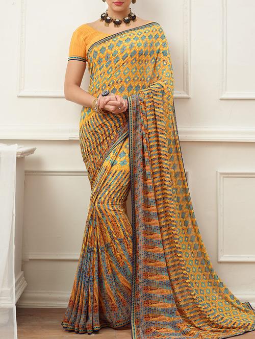 orange georgette printed saree with blouse - 13809408 - Very Small Image - 1