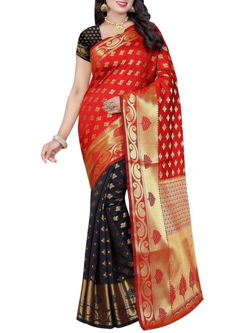 black & red cotton silk banarasi saree with blouse - 13810374 - Very Small Image - 1