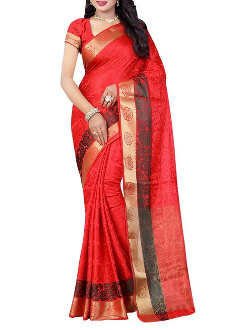 red cotton silk woven saree with blouse - 13810387 - Very Small Image - 1