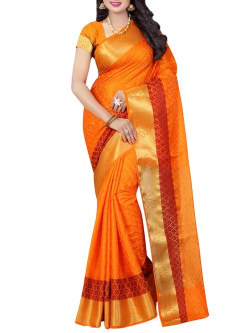 orange cotton silk woven saree with blouse - 13810396 - Very Small Image - 1