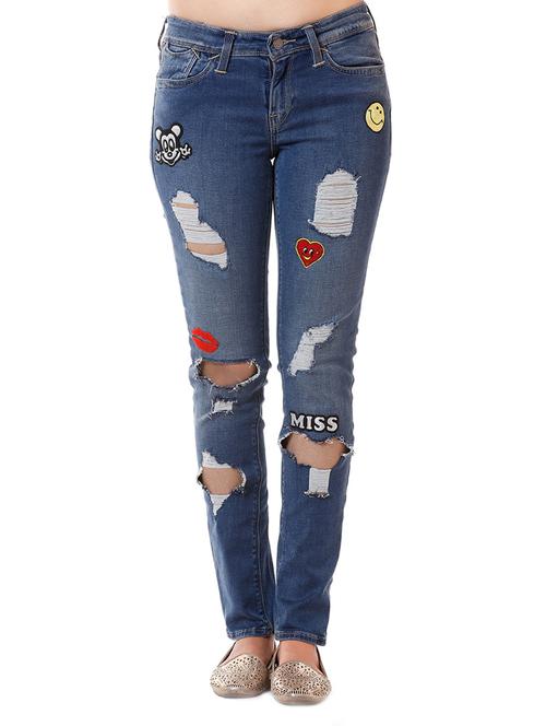 blue distressed denim jean with applique patch - 13811809 - Very Small Image - 1