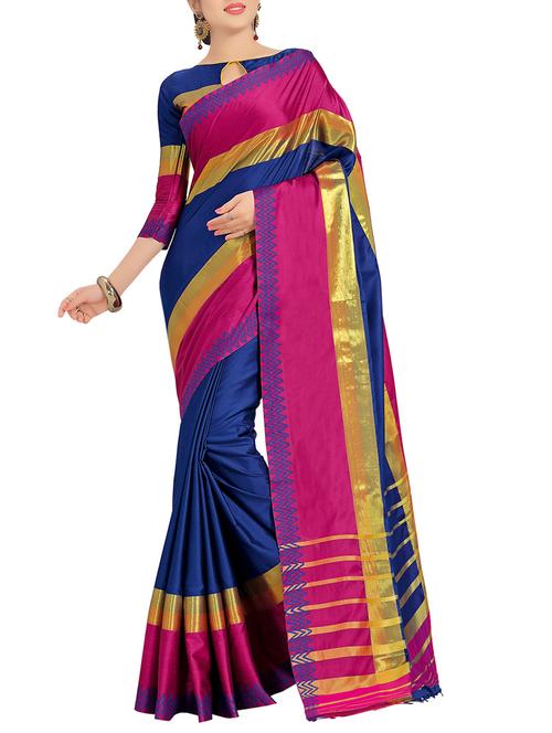 blue cotton blend bordered saree with blouse - 13815884 - Very Small Image - 1