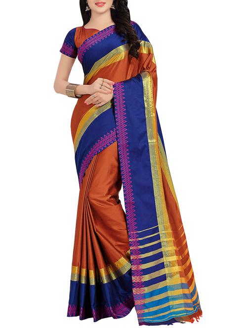 orange cotton blend bordered saree with blouse - 13815886 - Very Small Image - 1