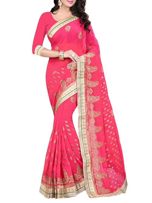pink georgette embroidered saree with blouse - 13820596 - Very Small Image - 1