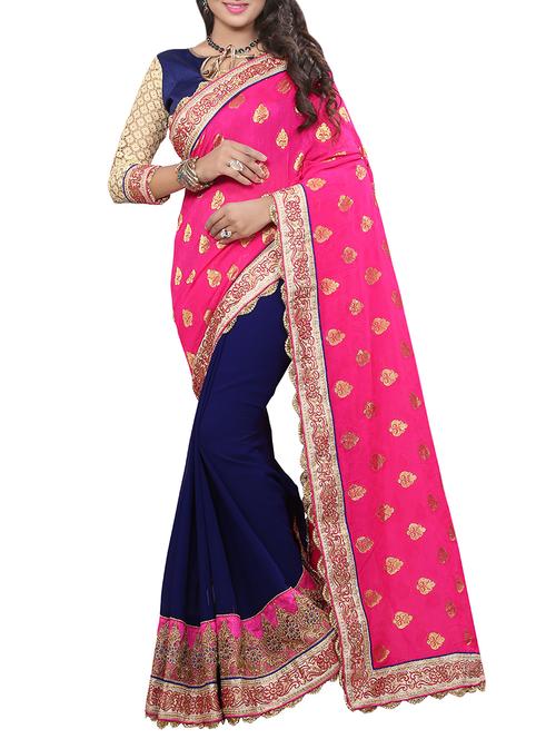pink & blue half and half saree with blouse - 13820615 - Very Small Image - 1