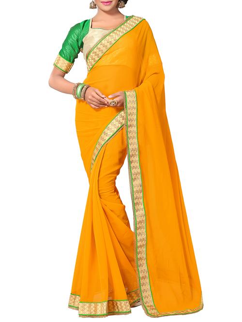 yellow georgette bordered saree with blouse - 13820618 - Very Small Image - 1