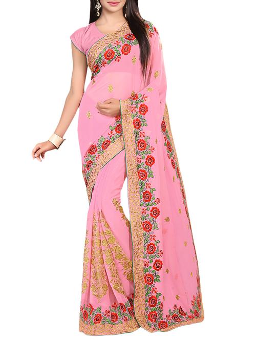 pink georgette embroidered saree with blouse - 13820636 - Very Small Image - 1