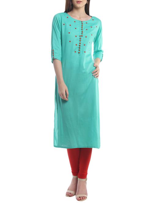 turquoise rayon embroidered straight kurta - 13821459 - Very Small Image - 1