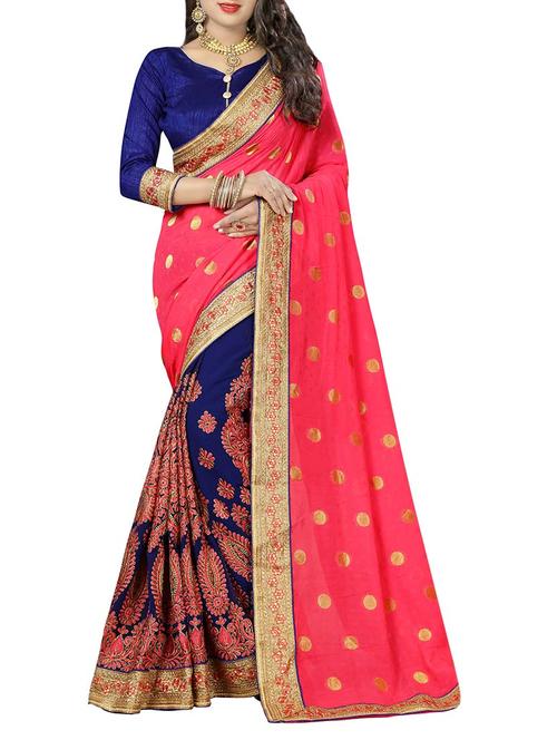 pink & blue half and half saree with blouse - 13824556 - Very Small Image - 1