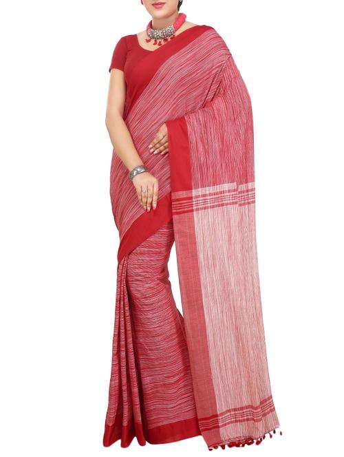 red cotton handloom saree with blouse - 13825942 - Very Small Image - 1