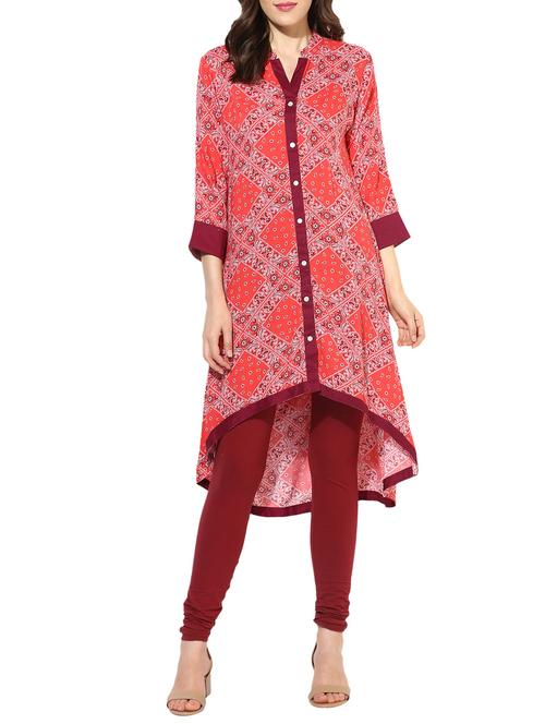 pink rayon printed high-low kurta - 13826397 - Very Small Image - 1