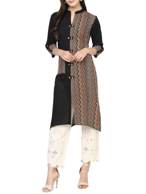 black cotton printed straight kurta - 13827822 - Very Small Image - 1