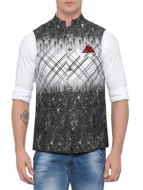 grey cotton printed nehru jacket - 13831981 - Very Small Image - 1