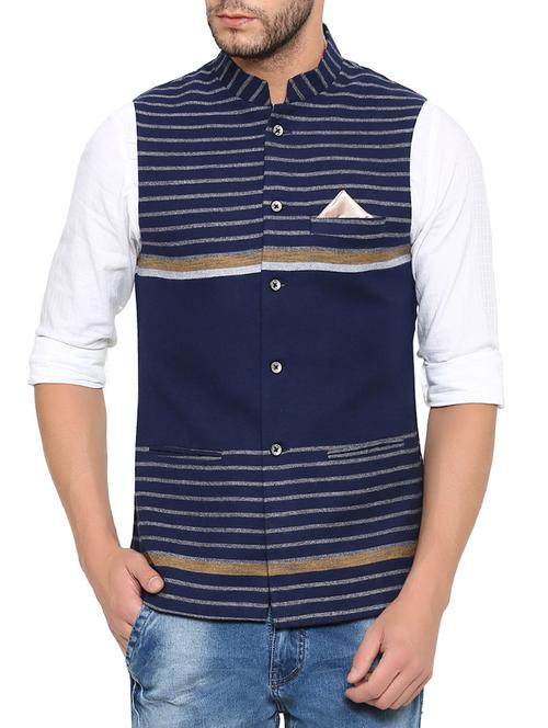 navy blue striped cotton nehru jacket - 13831990 - Very Small Image - 1