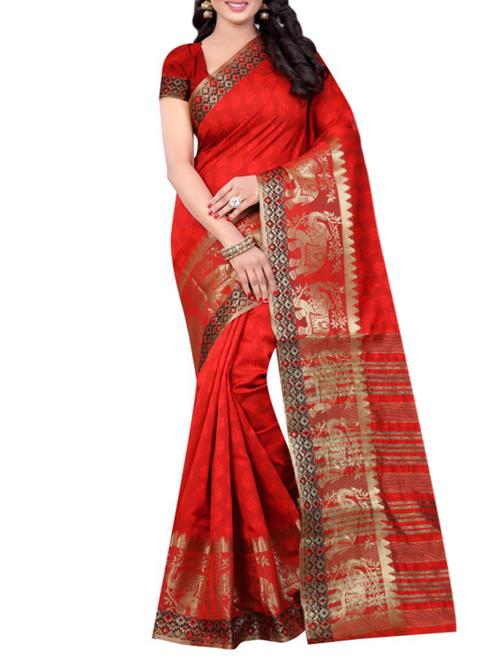 red cotton silk woven saree with blouse - 13834567 - Very Small Image - 1