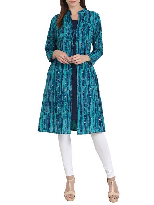 blue cotton printed a-line kurta - 13836926 - Very Small Image - 1