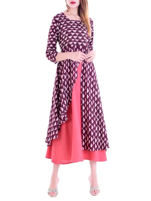 purple cotton printed layered kurta - 13841381 - Very Small Image - 1
