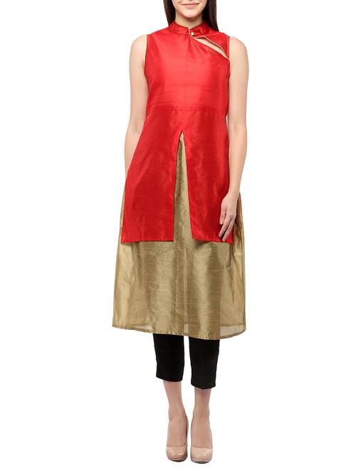 red & beige silk solid a-line kurta - 13842015 - Very Small Image - 1