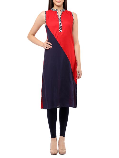 red & blue rayon colour block straight kurta - 13842027 - Very Small Image - 1