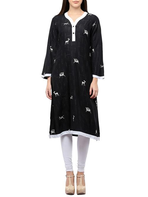 black cotton printed straight kurta - 13842079 - Very Small Image - 1