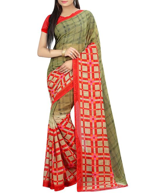 red printed georgette saree with blouse - 13842643 - Very Small Image - 1