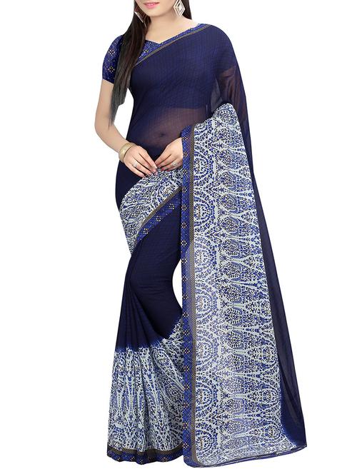 blue printed georgette saree with blouse - 13842649 - Very Small Image - 1