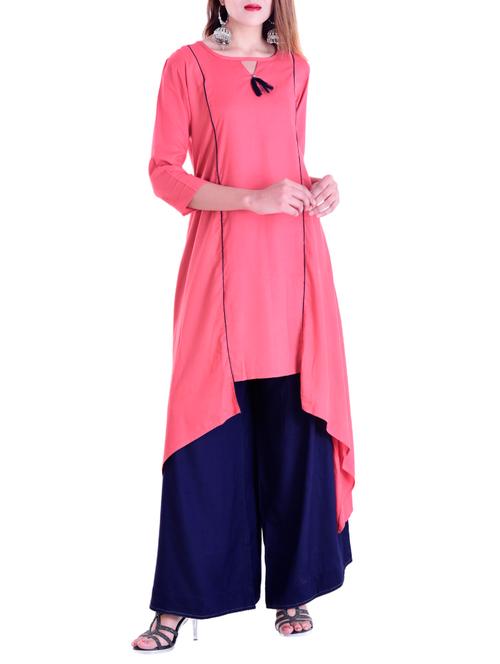 pink rayon solid asymmetric solidkurta - 13843032 - Very Small Image - 1