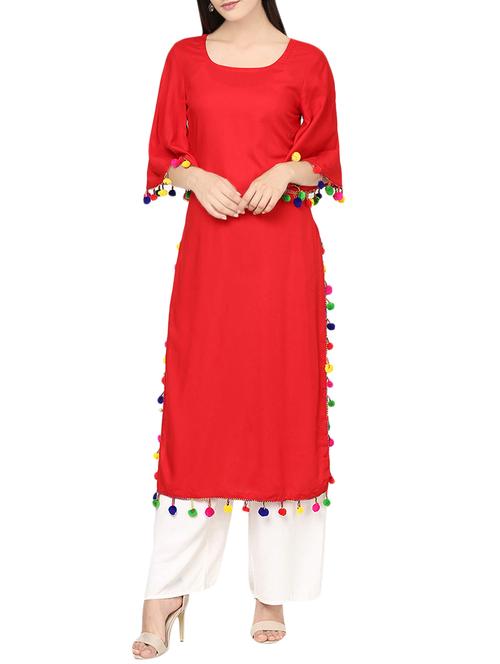 pom pom detail solid straight kurta - 13844877 - Very Small Image - 1