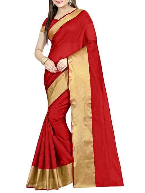 red bordered poly cotton saree with blouse - 13844958 - Very Small Image - 1