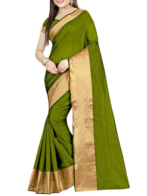 gren bordered polycotton  saree with blouse - 13844963 - Very Small Image - 1