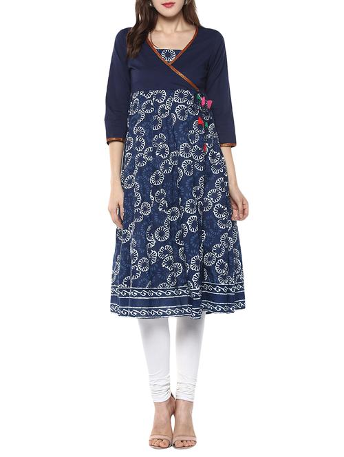 blue cotton printed angrakha kurta - 13846302 - Very Small Image - 1
