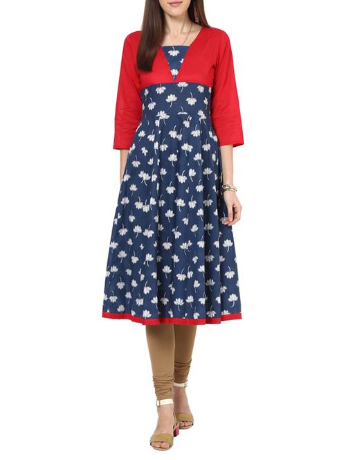 blue cotton printed flared kurta - 13846308 - Very Small Image - 1