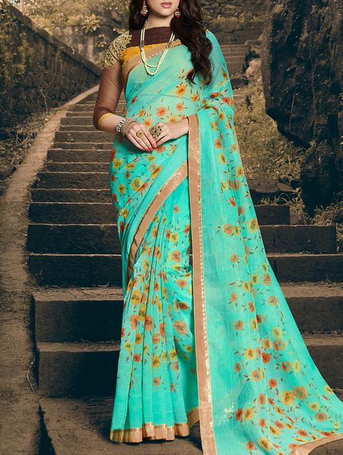 women's floral turquoise colored saree - 13848052 - Very Small Image - 1