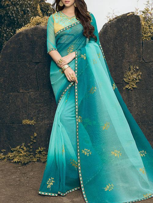 sky blue rajjo net printed saree with blouse - 13848055 - Very Small Image - 1