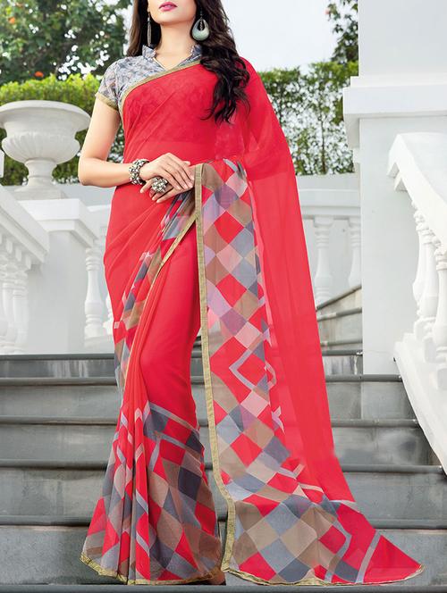 red georgette printed saree with blouse - 13848083 - Very Small Image - 1