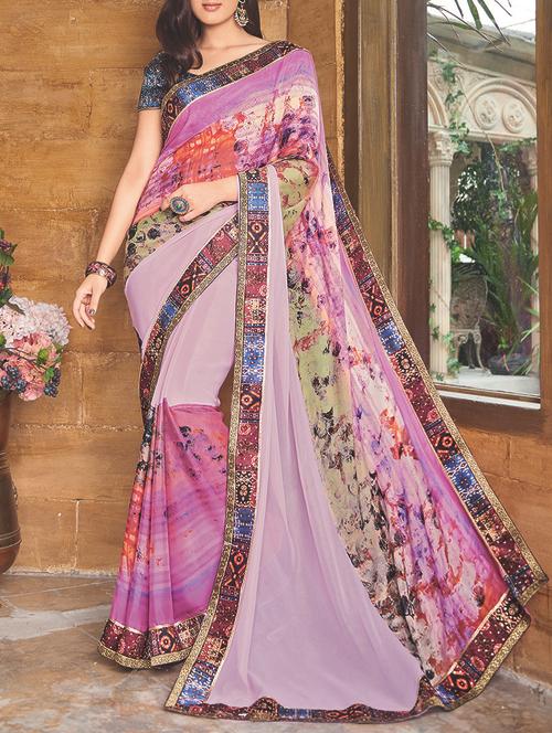 purple satin printed saree with blouse - 13848147 - Very Small Image - 1